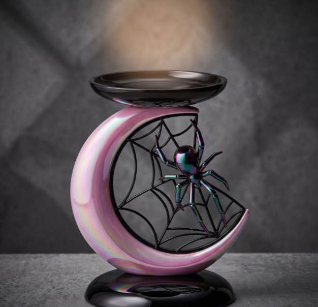 🎃Halloween Gothic Spider Crescent Moon Wax Warmer, 🕷️Iridescent Pink Resin Table Decor Essential Oil Burner🌙