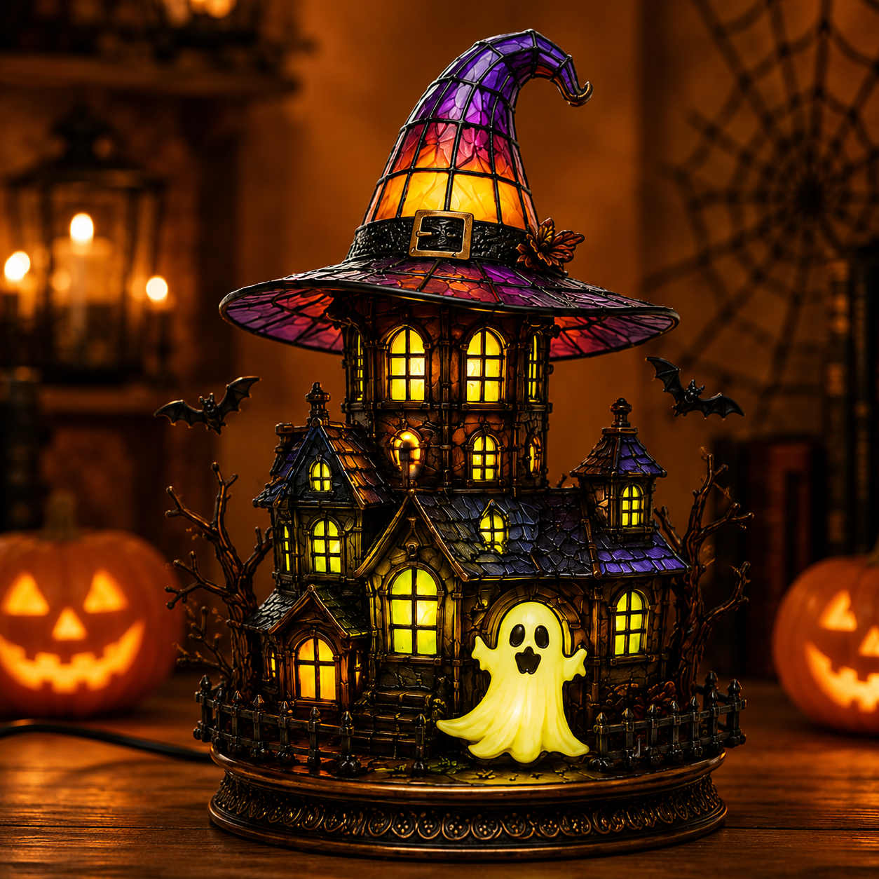 🔥Exclusive Limited Item 👍🔥45%OFF🐈 Gothic Stained Glass Witch Black Cat Table Lamp | Halloween Witch Hat Night Light Decor