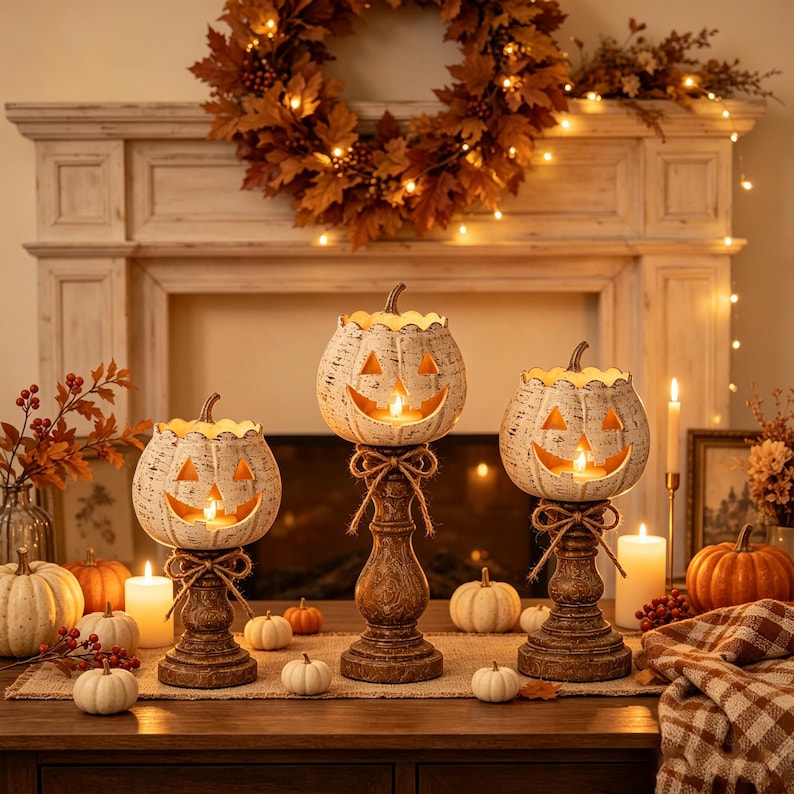 🎃🕯 Set of 3 Rustic White Pumpkin Tealight Candle Holders | Layered Farmhouse Fall Decor For Halloween & Thanksgiving