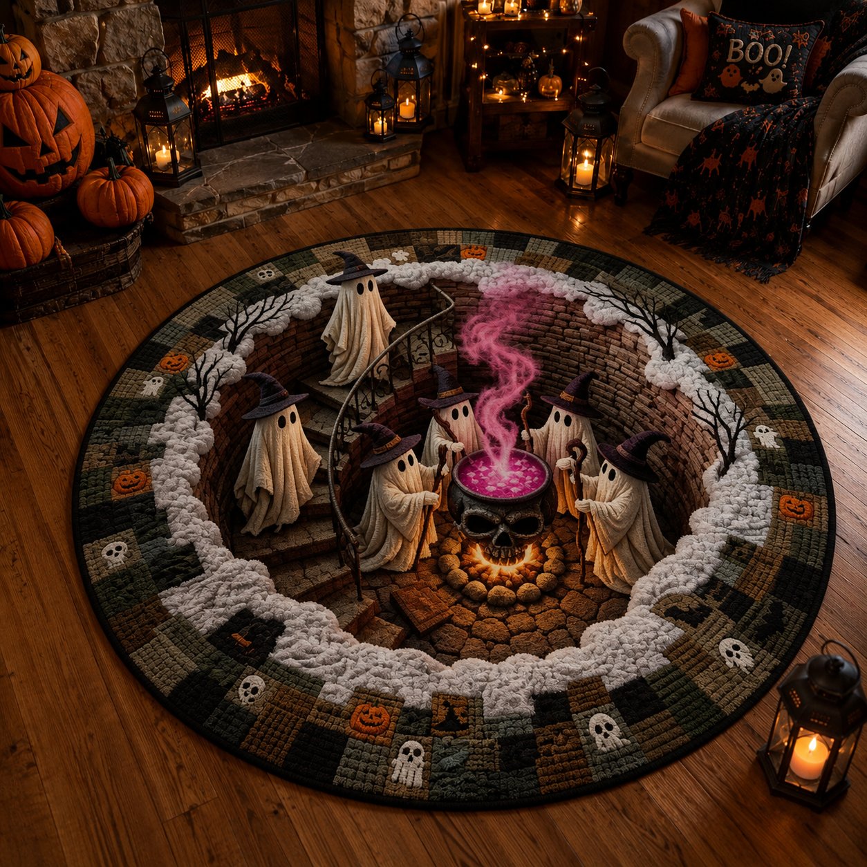 🔥 3D Haunted Staircase Round Rug – Spooky Halloween Optical Illusion 👻