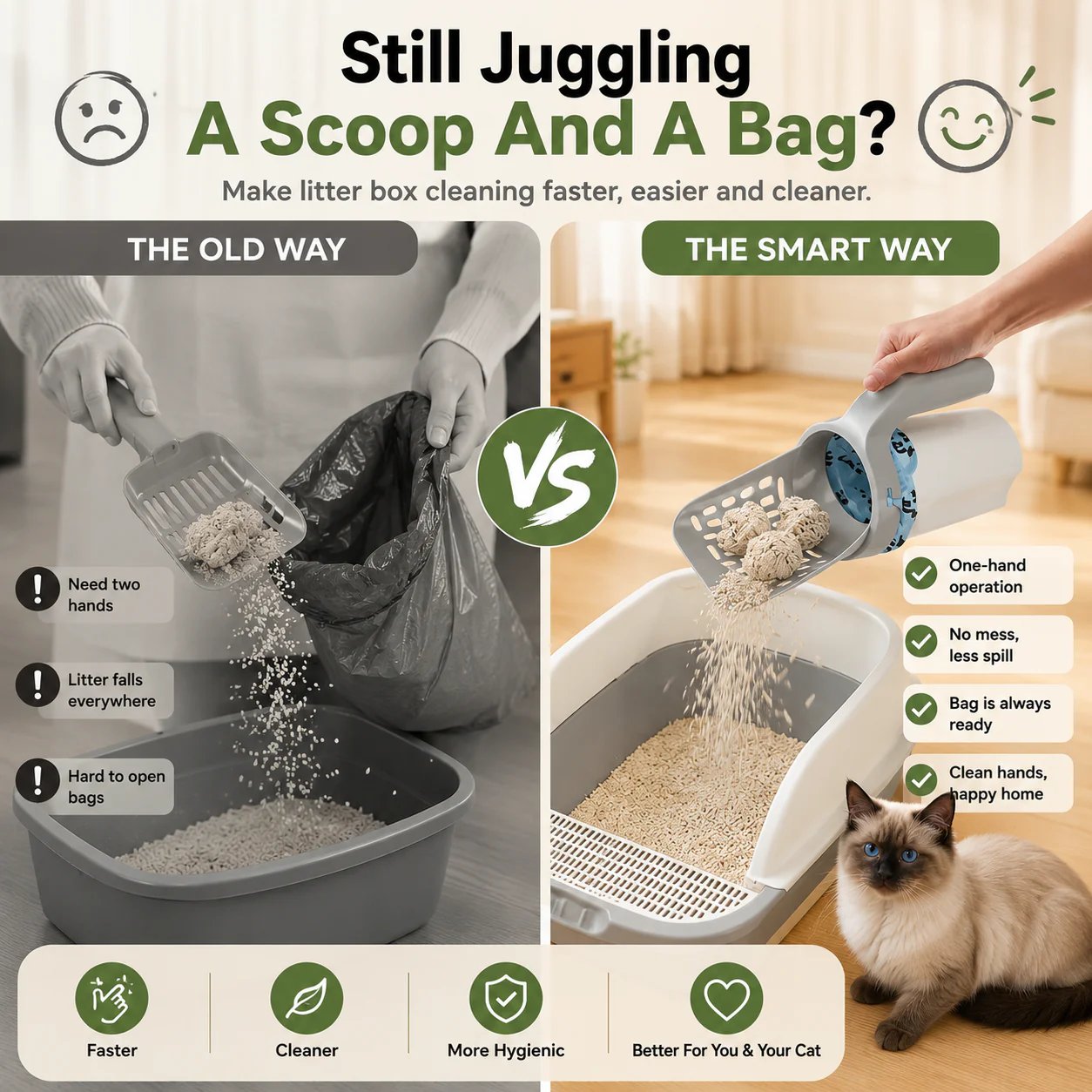 🎉Cat Litter Scooper with Holder,2-in-1 Detachable Sifter and Trash Box System with Refilled Bags