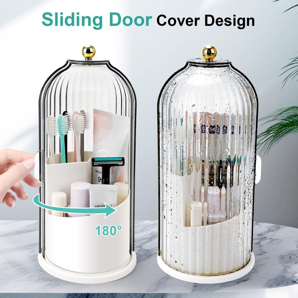 360° Rotating Toothbrush Holder with Lid, Dustproof Toothbrush & Toothpaste Storage Rack, Bathroom Organiser for Vanity Counter, Family Bathroom Accessory