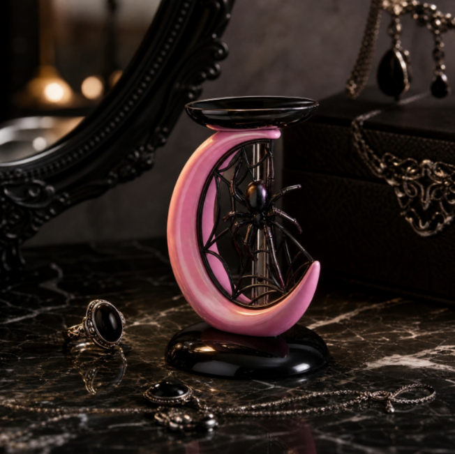 🎃Halloween Gothic Spider Crescent Moon Wax Warmer, 🕷️Iridescent Pink Resin Table Decor Essential Oil Burner🌙