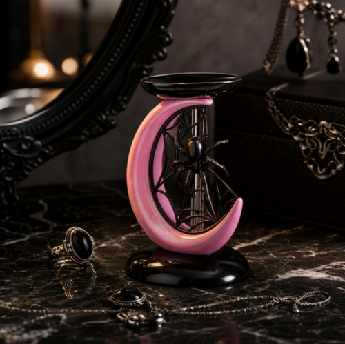 🎃Halloween Gothic Spider Crescent Moon Wax Warmer, 🕷️Iridescent Pink Resin Table Decor Essential Oil Burner🌙