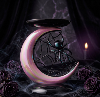 🎃Halloween Gothic Spider Crescent Moon Wax Warmer, 🕷️Iridescent Pink Resin Table Decor Essential Oil Burner🌙