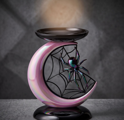 🎃Halloween Gothic Spider Crescent Moon Wax Warmer, 🕷️Iridescent Pink Resin Table Decor Essential Oil Burner🌙