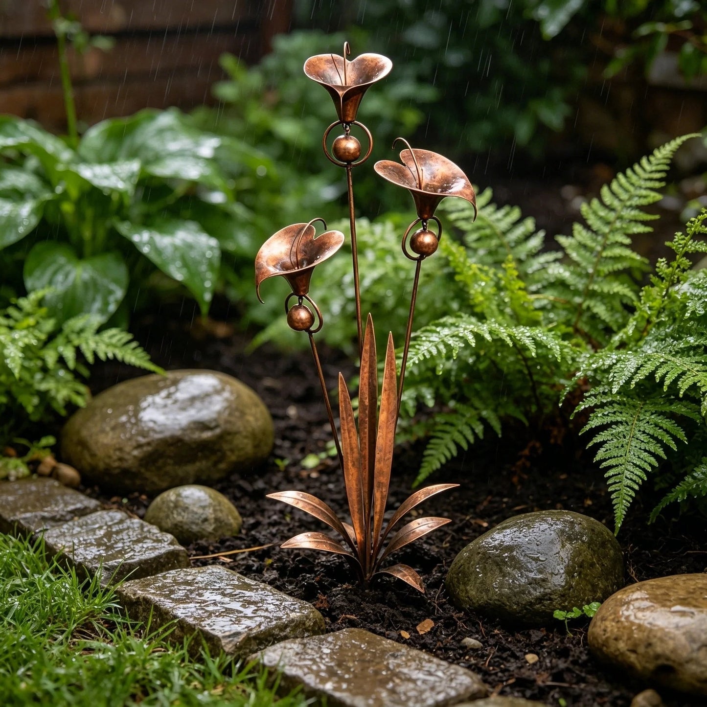 ⏰Limited Time Special Offer✈️Free Shipping🏡 3 Calla Lilies Flamed Copper Stake Decor with Wind Bells 🔔