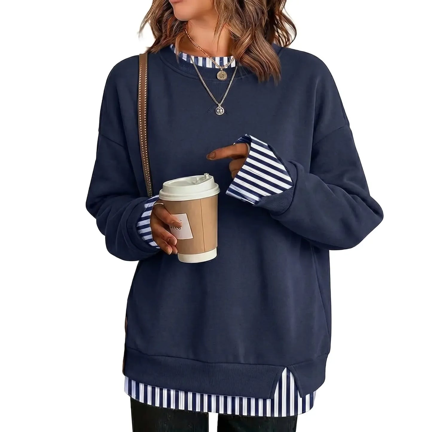 Women Crew Neck Fake Two Piece Striped Patchwork Drop Shoulder Oversized Sweatshirt