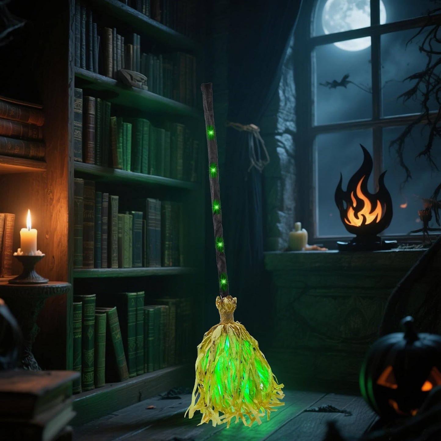 Animated Dancing Witch Broom with Green LEDs & Spooky Laughter