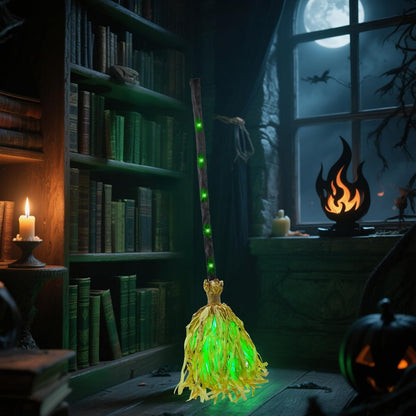 Animated Dancing Witch Broom with Green LEDs & Spooky Laughter