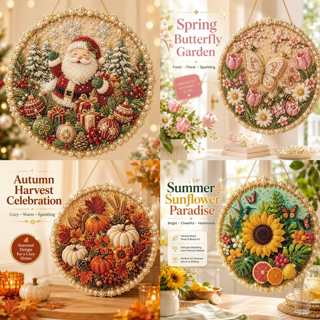 🌸🌻🍂🎄✨ Four Seasons & Holiday Pearl Art Hanging Wreath Kit | Luxury Flocked Canvas with Scratch-Resistant Non-Fading Pearl Beads DIY Handmade Seasonal Decor 💎