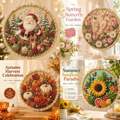 🌸🌻🍂🎄✨ Four Seasons & Holiday Pearl Art Hanging Wreath Kit | Luxury Flocked Canvas with Scratch-Resistant Non-Fading Pearl Beads DIY Handmade Seasonal Decor 💎