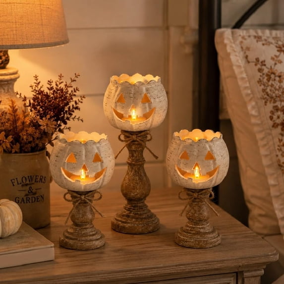 🎃🕯   Set of 3 Rustic White Pumpkin Tealight Candle Holders  | Layered Farmhouse Fall Decor For Halloween & Thanksgiving
