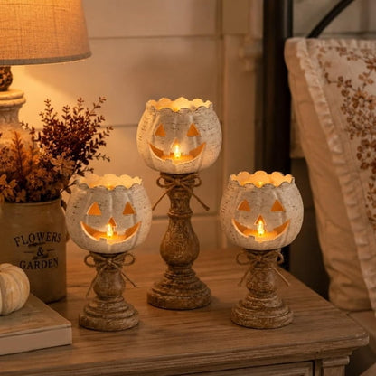 🎃🕯   Set of 3 Rustic White Pumpkin Tealight Candle Holders  | Layered Farmhouse Fall Decor For Halloween & Thanksgiving