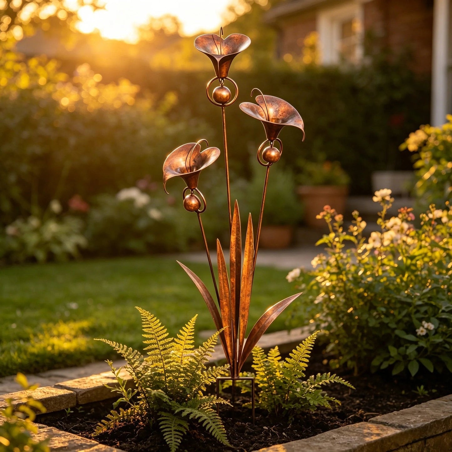 ⏰Limited Time Special Offer✈️Free Shipping🏡 3 Calla Lilies Flamed Copper Stake Decor with Wind Bells 🔔