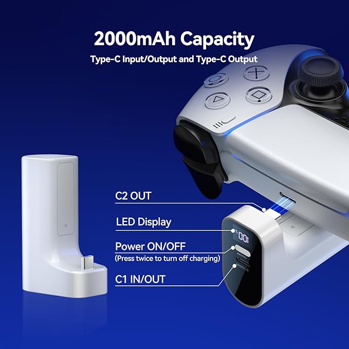 🎁Must-Have for PS5 Gamers | 2000mAh USB-C External Charger Battery Pack