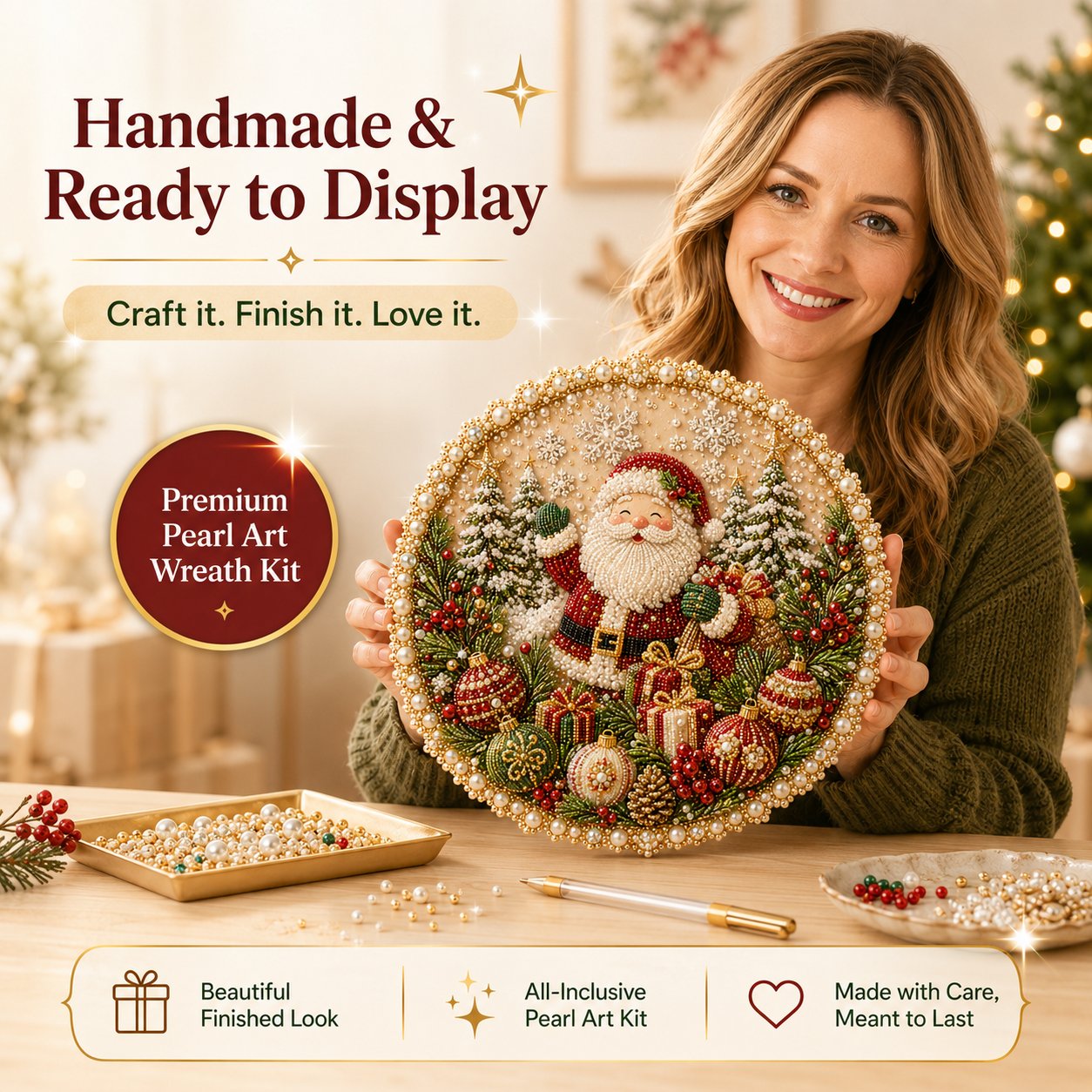 🌸🌻🍂🎄✨ Four Seasons & Holiday Pearl Art Hanging Wreath Kit | Luxury Flocked Canvas with Scratch-Resistant Non-Fading Pearl Beads DIY Handmade Seasonal Decor 💎