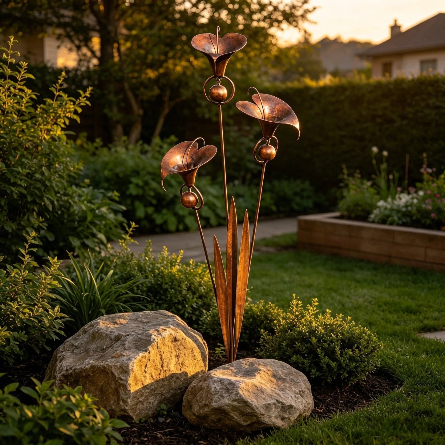 ⏰Limited Time Special Offer✈️Free Shipping🏡 3 Calla Lilies Flamed Copper Stake Decor with Wind Bells 🔔