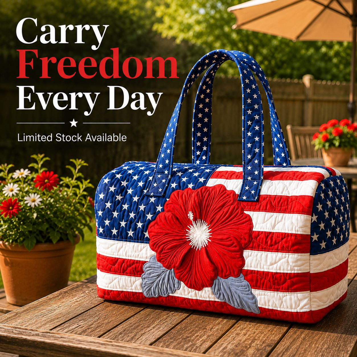 The Perfect Gift for Patriots 🎁🇺🇸 Handcrafted Quilted Tote with 3D Floral Flag 🌸