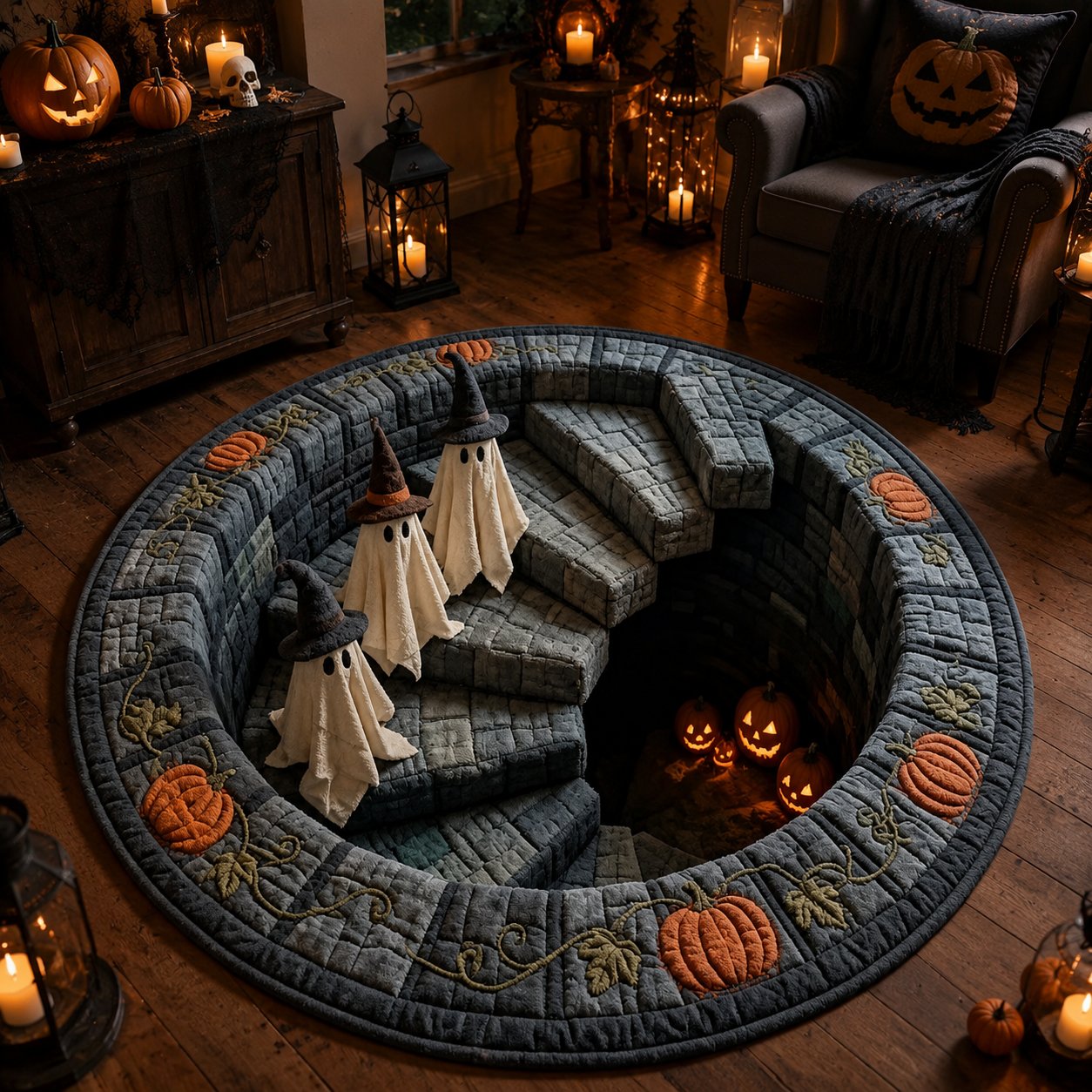 🔥 3D Haunted Staircase Round Rug – Spooky Halloween Optical Illusion 👻