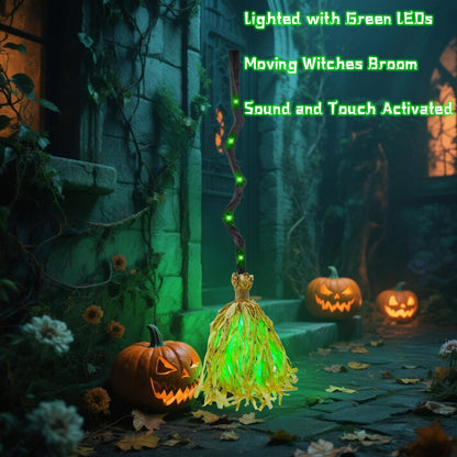 Animated Dancing Witch Broom with Green LEDs & Spooky Laughter