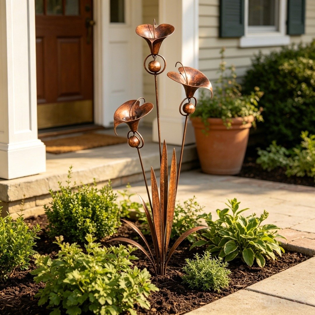 ⏰Limited Time Special Offer✈️Free Shipping🏡 3 Calla Lilies Flamed Copper Stake Decor with Wind Bells 🔔