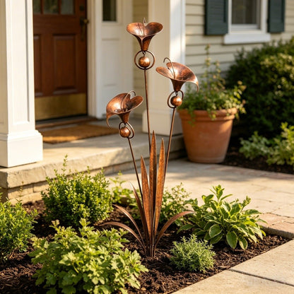⏰Limited Time Special Offer✈️Free Shipping🏡 3 Calla Lilies Flamed Copper Stake Decor with Wind Bells 🔔