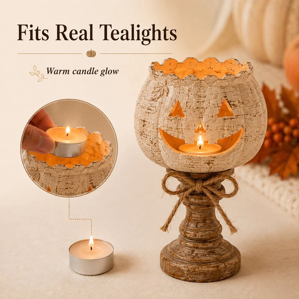 🎃🕯   Set of 3 Rustic White Pumpkin Tealight Candle Holders  | Layered Farmhouse Fall Decor For Halloween & Thanksgiving