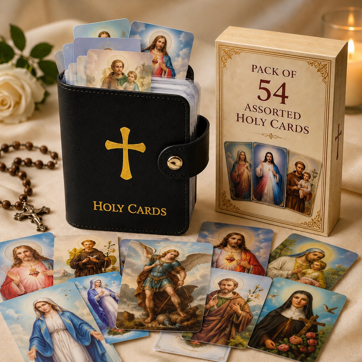 ✝️Holy Card Holder – Genuine Leather Catholic Prayer Card Organizer with 54 Prayer Cards | Snap Closure
