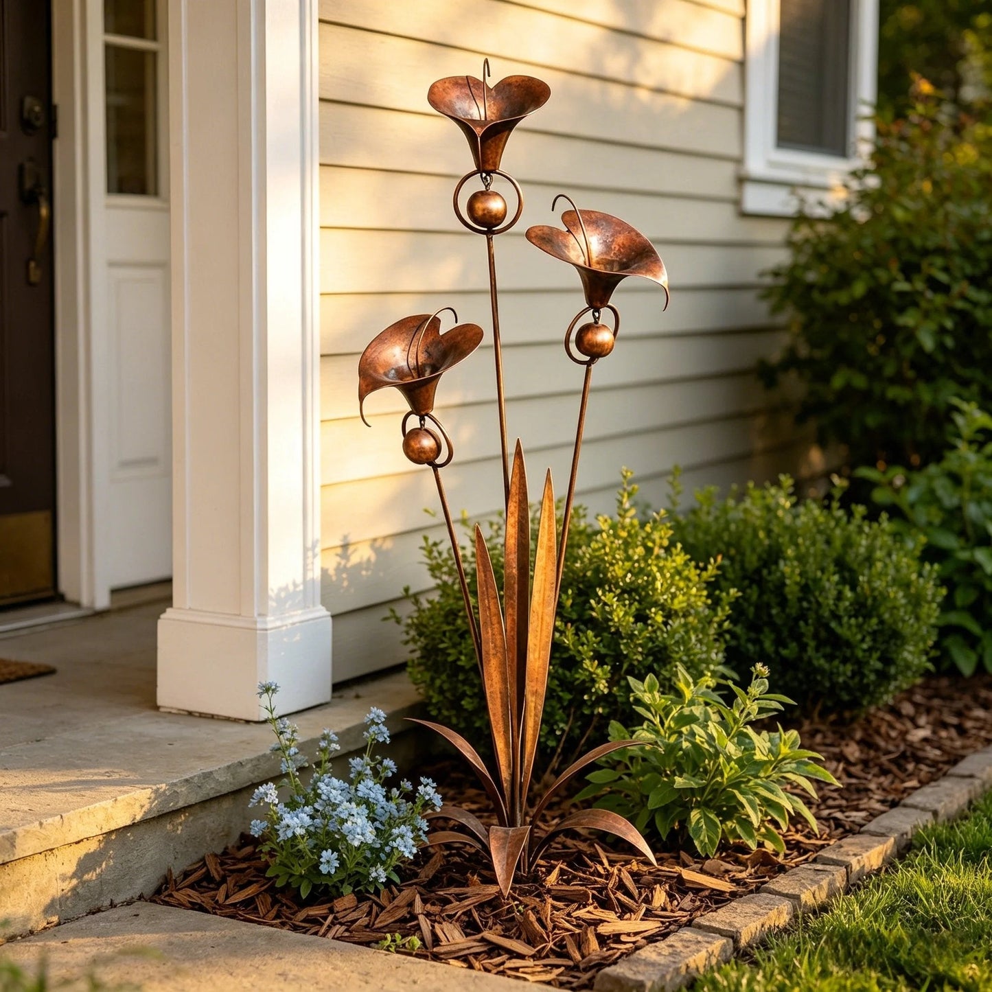 ⏰Limited Time Special Offer✈️Free Shipping🏡 3 Calla Lilies Flamed Copper Stake Decor with Wind Bells 🔔