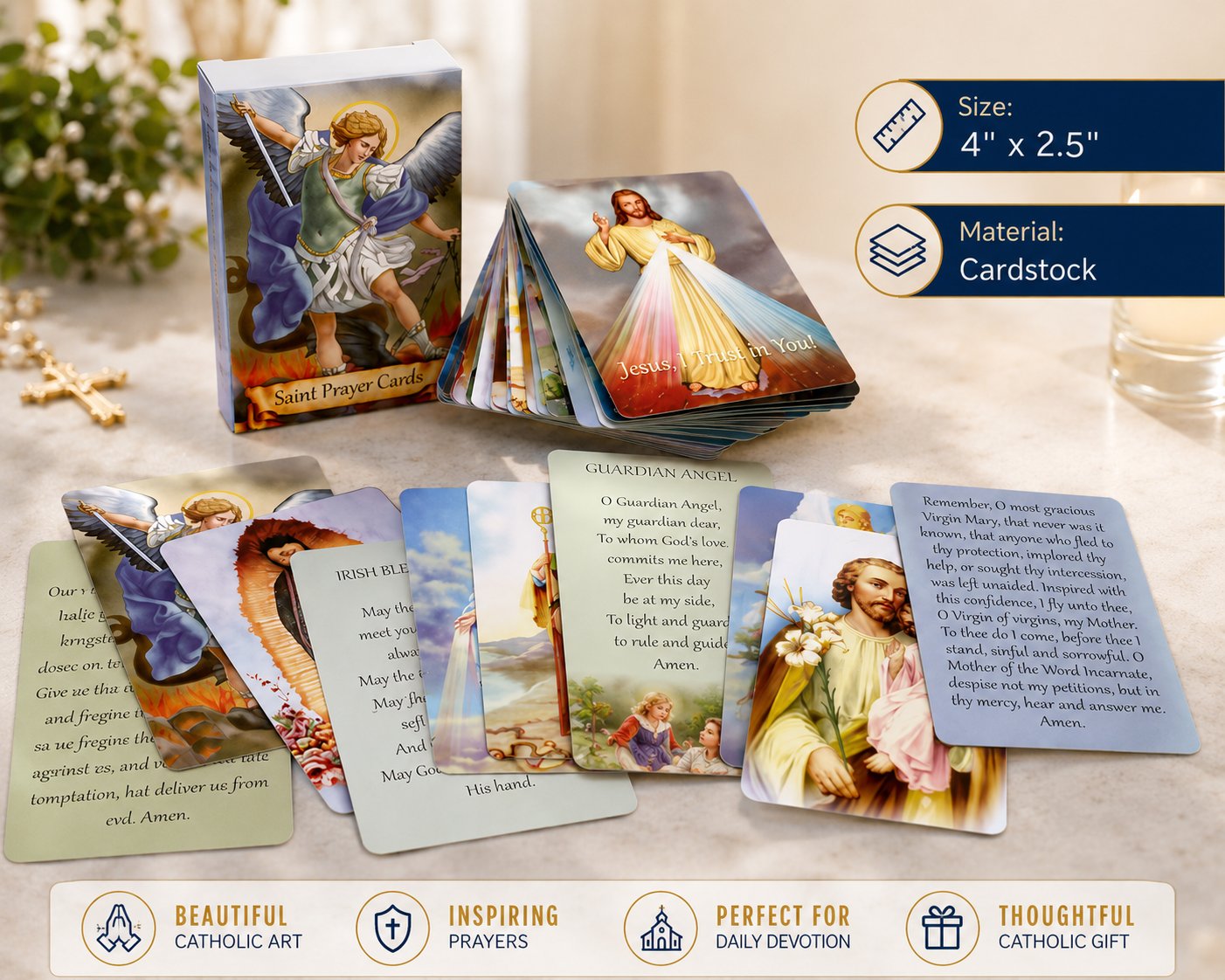 ✝️Holy Card Holder – Genuine Leather Catholic Prayer Card Organizer with 54 Prayer Cards | Snap Closure