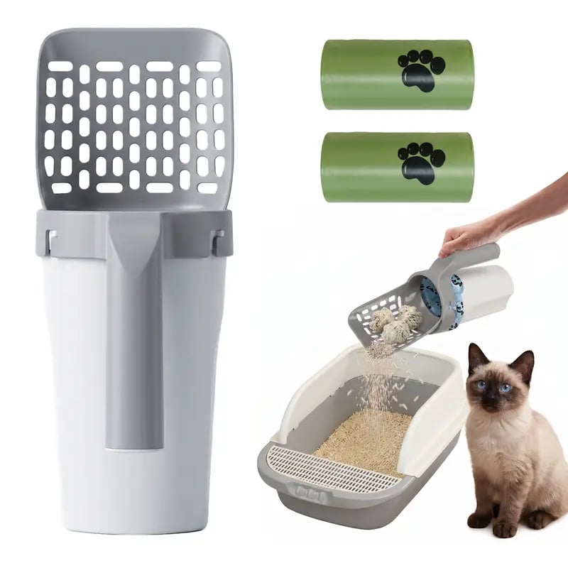 🎉Cat Litter Scooper with Holder,2-in-1 Detachable Sifter and Trash Box System with Refilled Bags