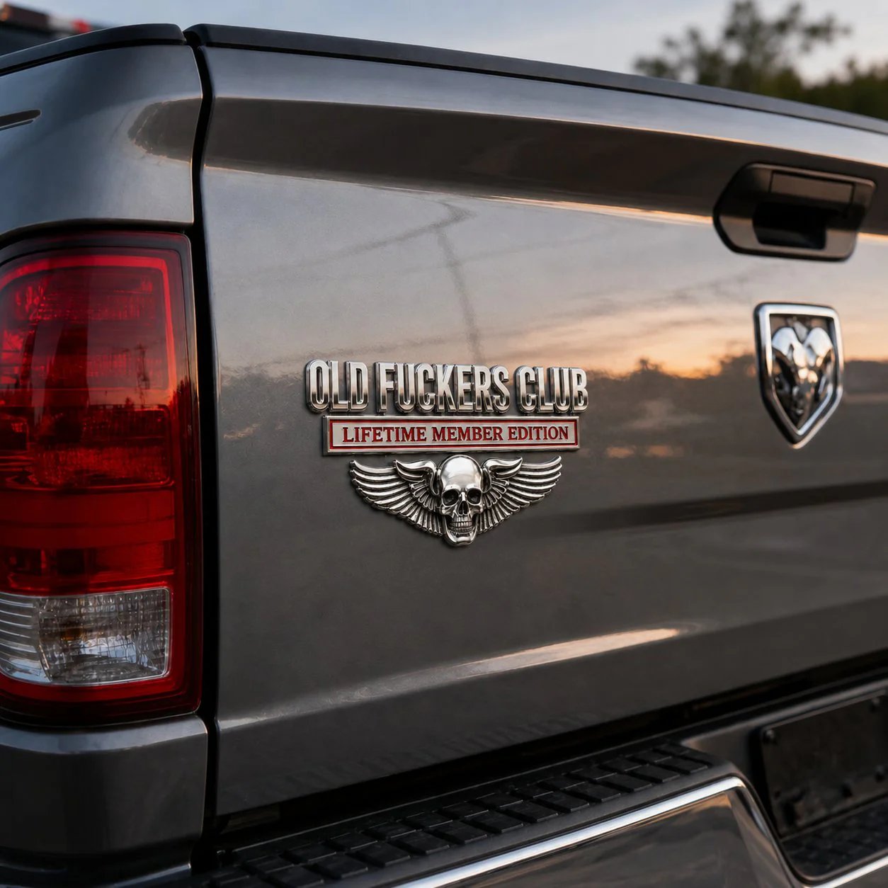 💀 OLD F*CKERS CLUB Metal Car Emblem | Chrome Peel-and-Stick Badge for Trucks, SUVs, Toolboxes & Garages 😎