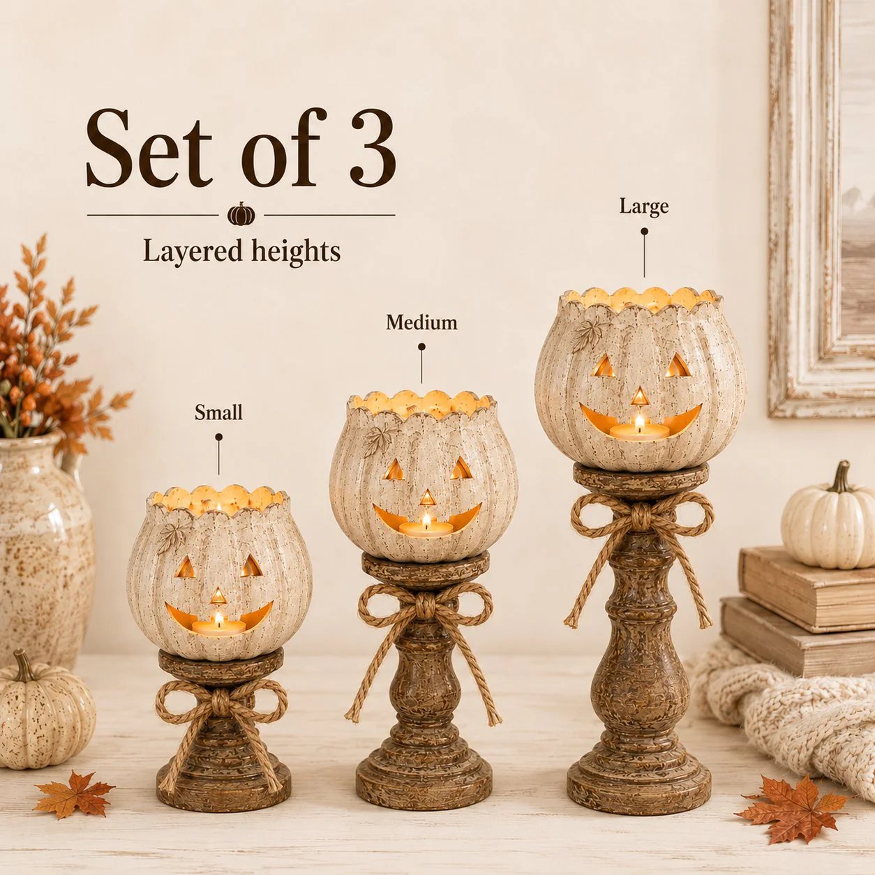 🎃🕯   Set of 3 Rustic White Pumpkin Tealight Candle Holders  | Layered Farmhouse Fall Decor For Halloween & Thanksgiving