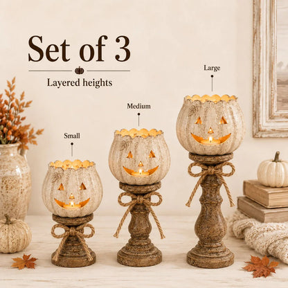 🎃🕯   Set of 3 Rustic White Pumpkin Tealight Candle Holders  | Layered Farmhouse Fall Decor For Halloween & Thanksgiving
