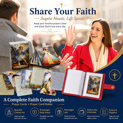 ✝️Holy Card Holder – Genuine Leather Catholic Prayer Card Organizer with 54 Prayer Cards | Snap Closure