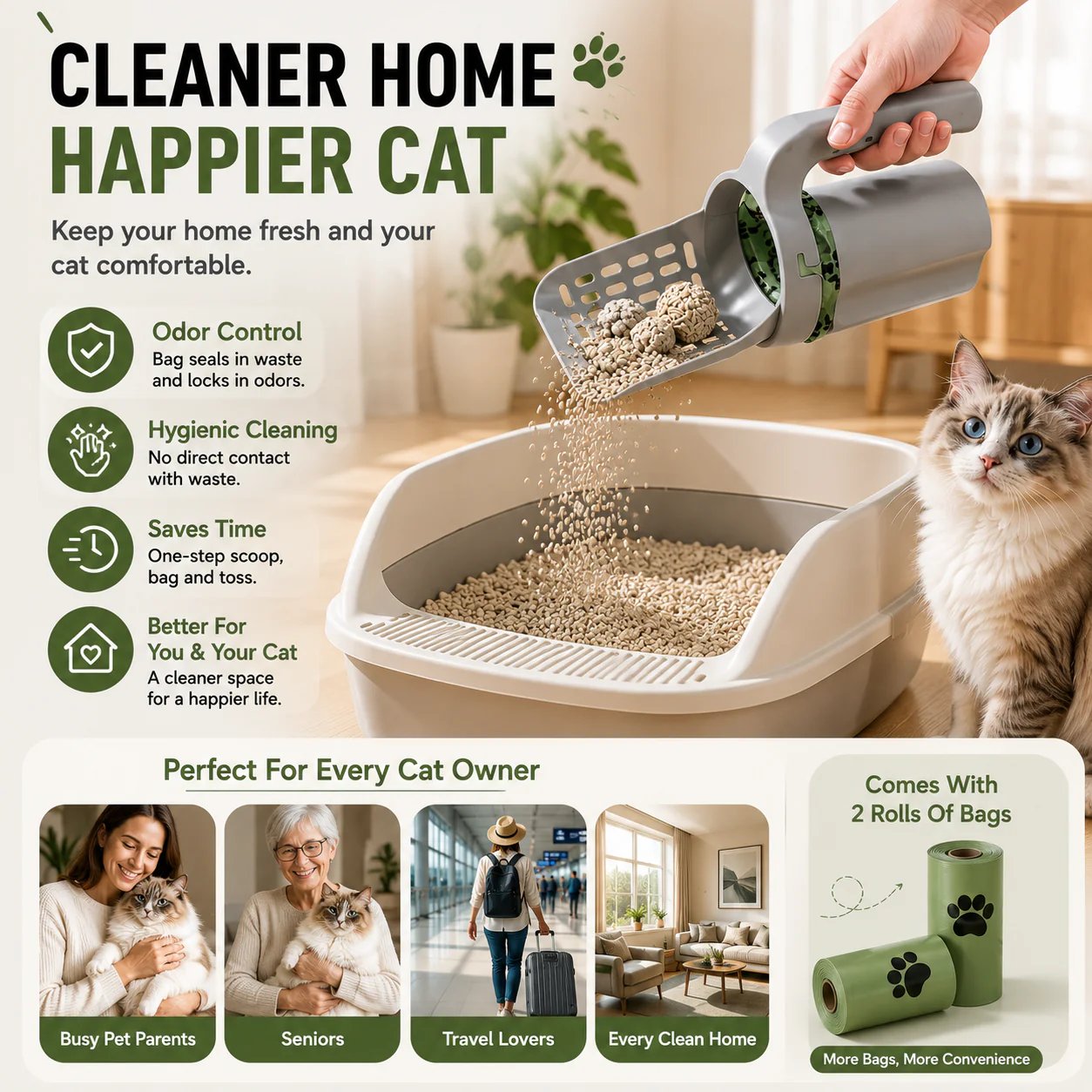 🎉Cat Litter Scooper with Holder,2-in-1 Detachable Sifter and Trash Box System with Refilled Bags