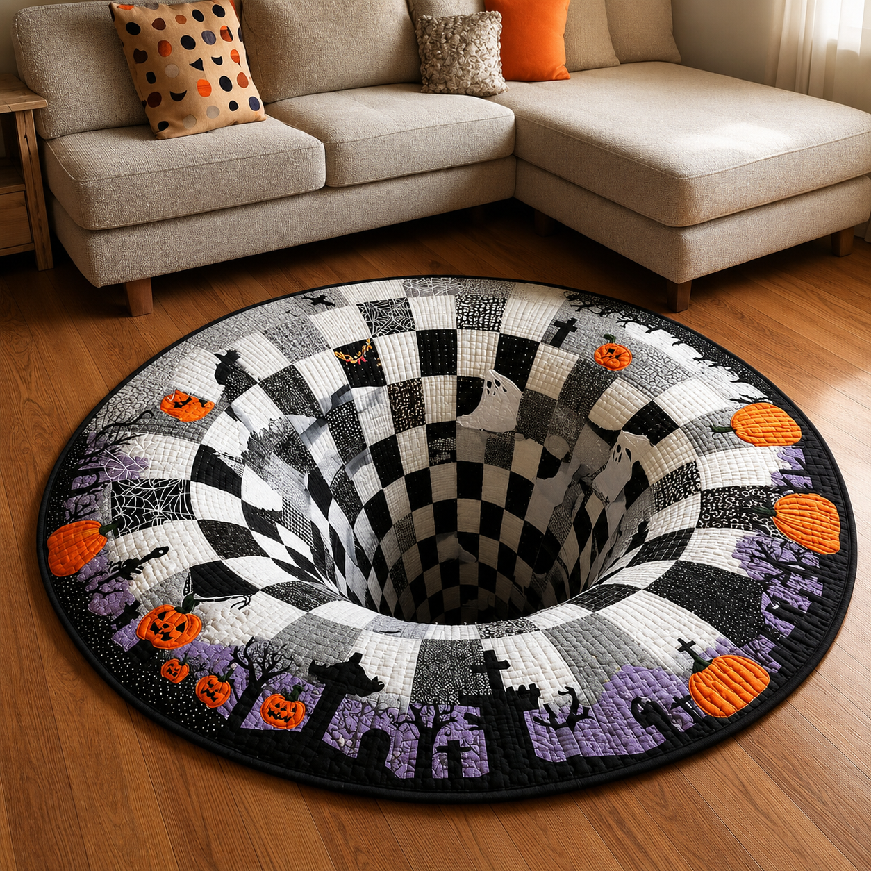 🔥3D Skeleton Vortex Quilted Round Halloween Rug