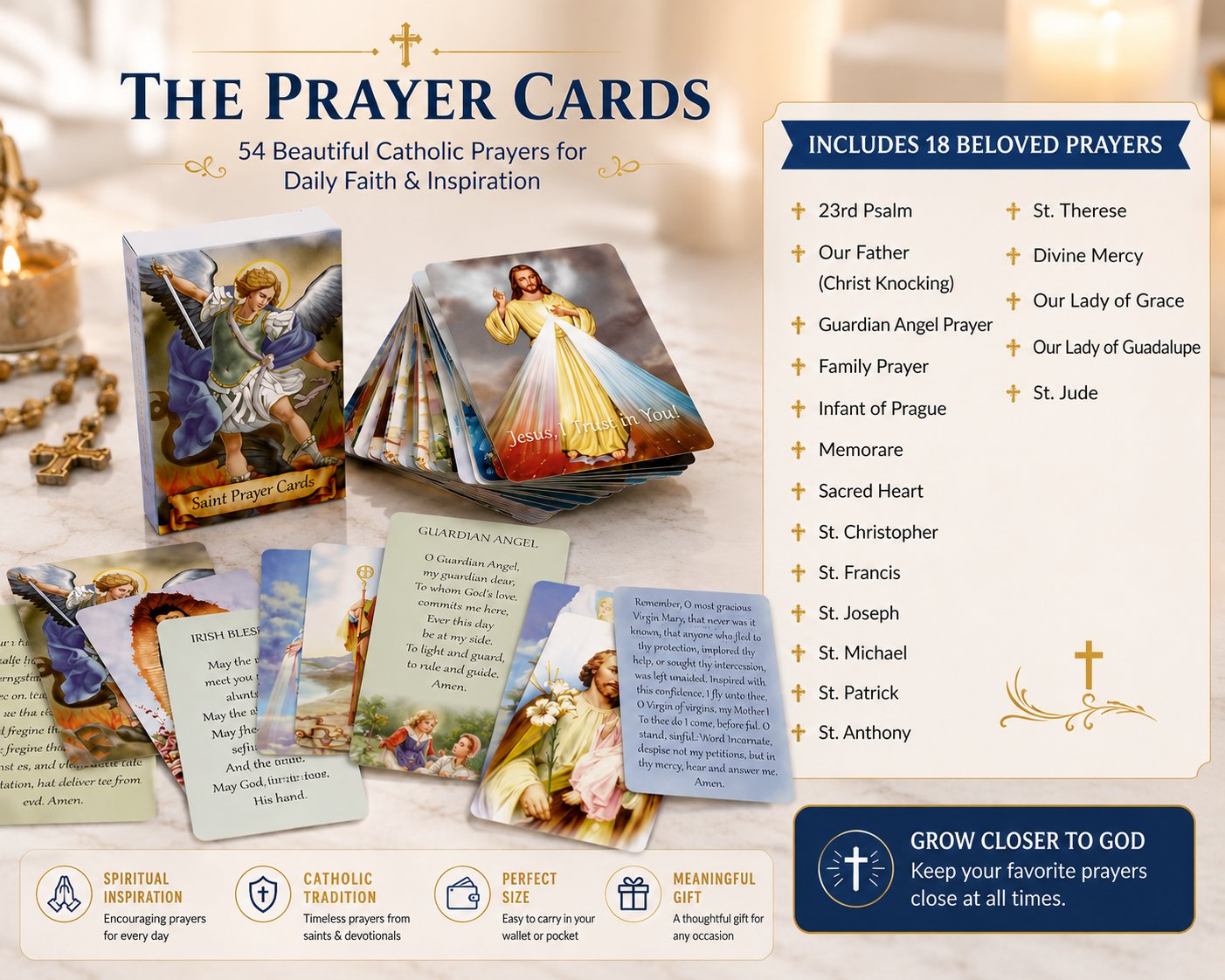 ✝️Holy Card Holder – Genuine Leather Catholic Prayer Card Organizer with 54 Prayer Cards | Snap Closure