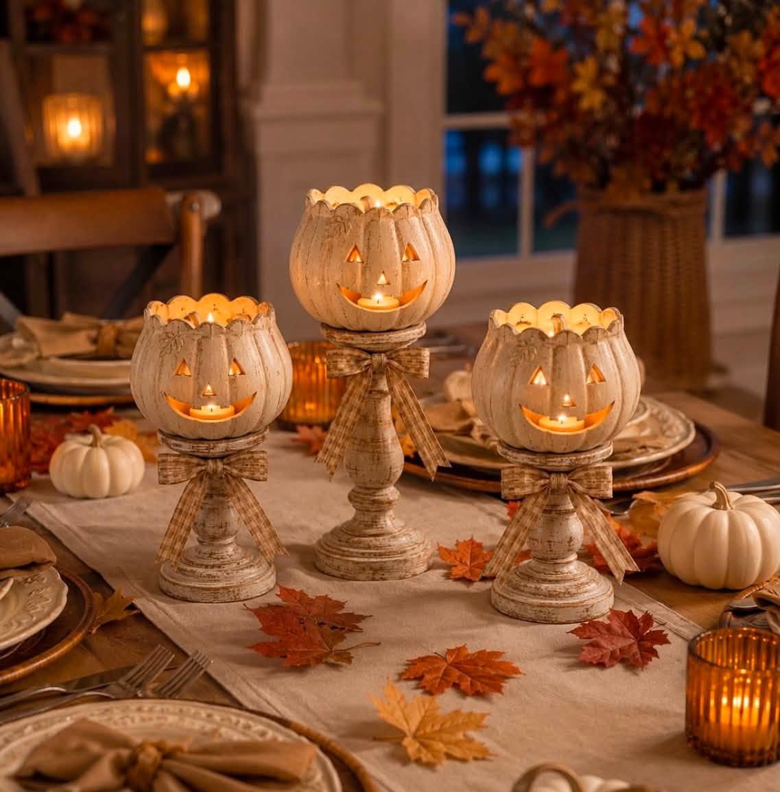 🎃🕯   Set of 3 Rustic White Pumpkin Tealight Candle Holders  | Layered Farmhouse Fall Decor For Halloween & Thanksgiving