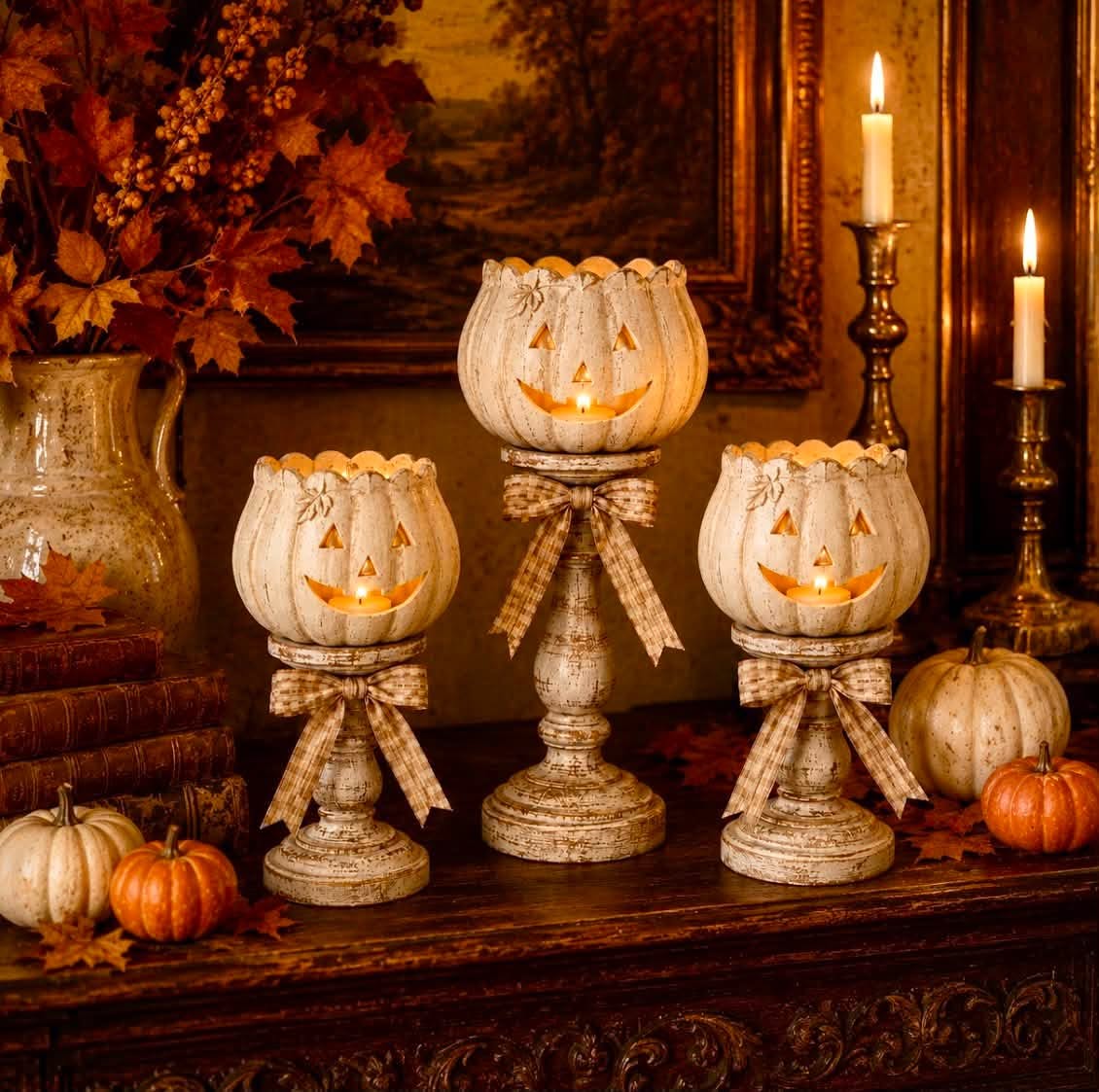 🎃🕯   Set of 3 Rustic White Pumpkin Tealight Candle Holders  | Layered Farmhouse Fall Decor For Halloween & Thanksgiving