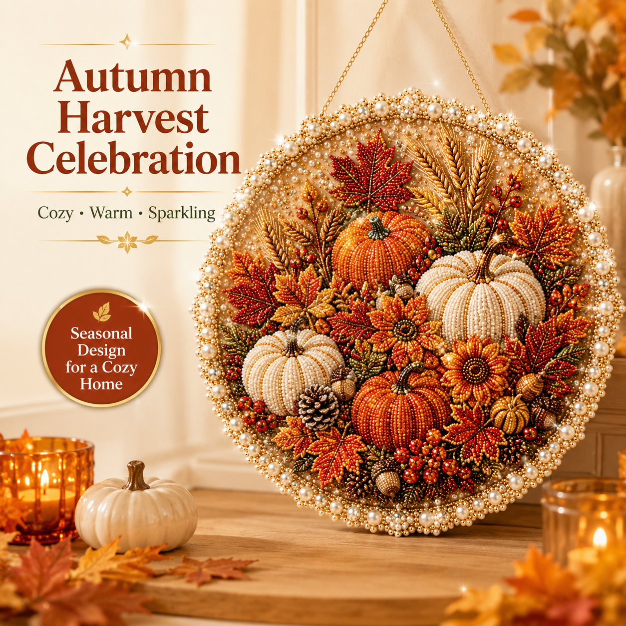 🌸🌻🍂🎄✨ Four Seasons & Holiday Pearl Art Hanging Wreath Kit | Luxury Flocked Canvas with Scratch-Resistant Non-Fading Pearl Beads DIY Handmade Seasonal Decor 💎