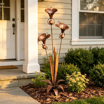 ⏰Limited Time Special Offer✈️Free Shipping🏡 3 Calla Lilies Flamed Copper Stake Decor with Wind Bells 🔔