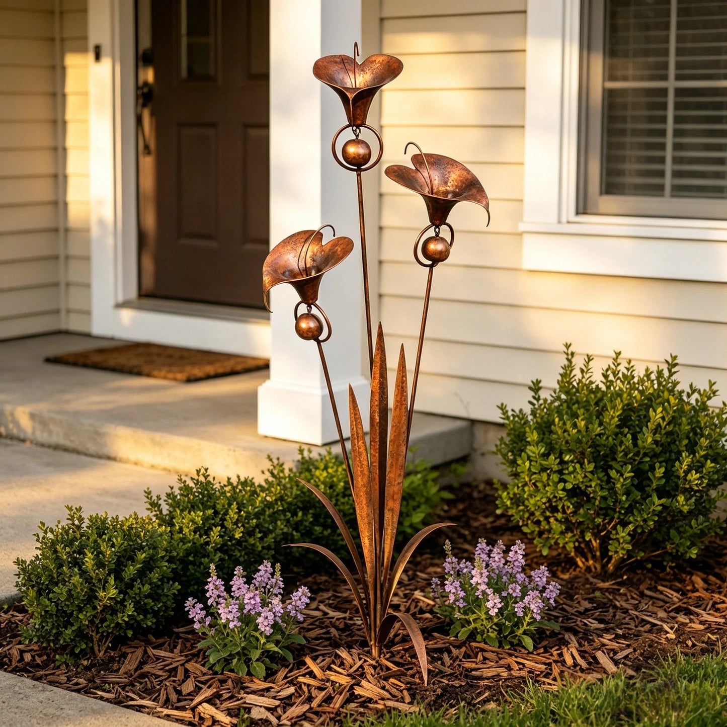 ⏰Limited Time Special Offer✈️Free Shipping🏡 3 Calla Lilies Flamed Copper Stake Decor with Wind Bells 🔔