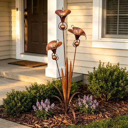 ⏰Limited Time Special Offer✈️Free Shipping🏡 3 Calla Lilies Flamed Copper Stake Decor with Wind Bells 🔔