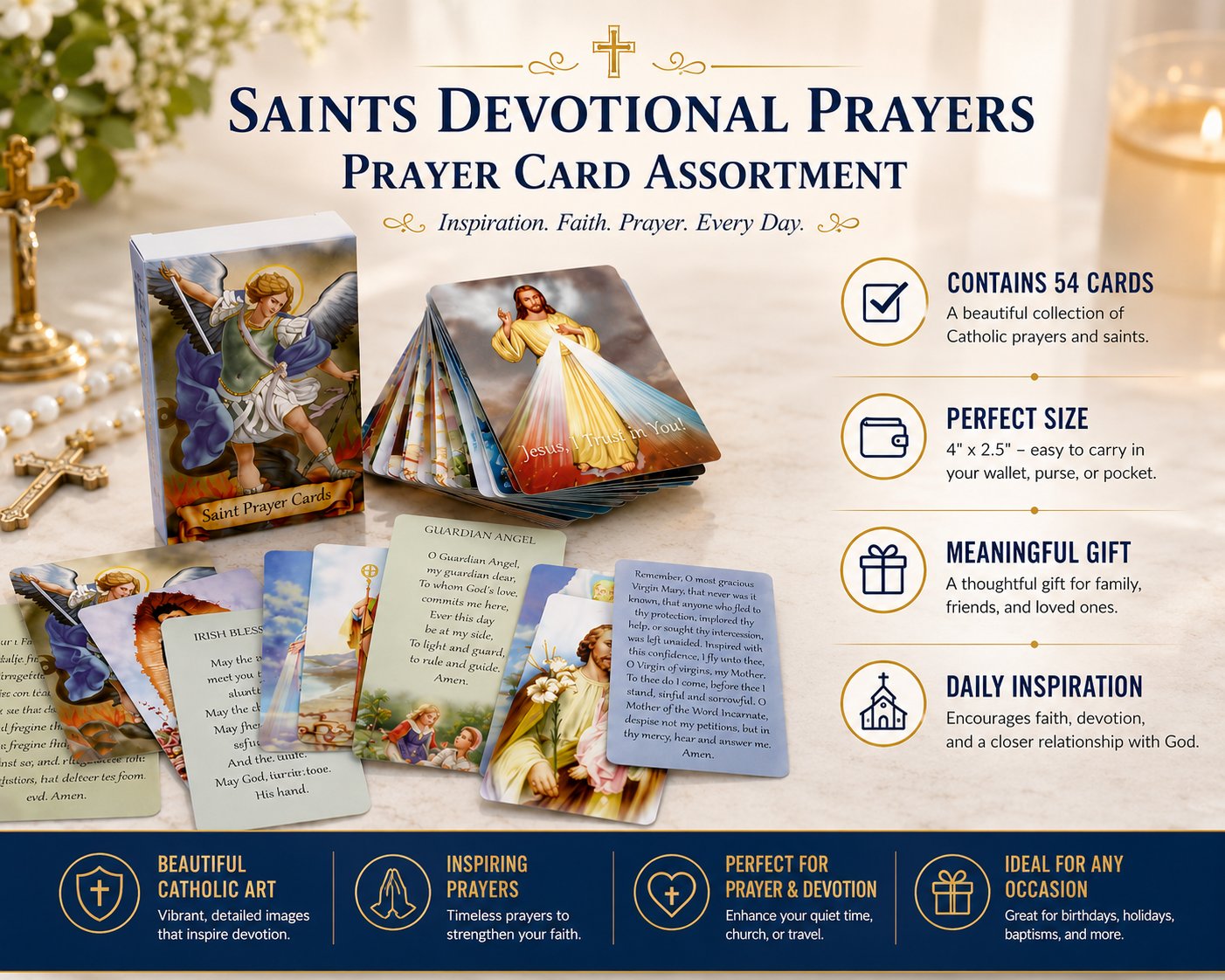 ✝️Holy Card Holder – Genuine Leather Catholic Prayer Card Organizer with 54 Prayer Cards | Snap Closure