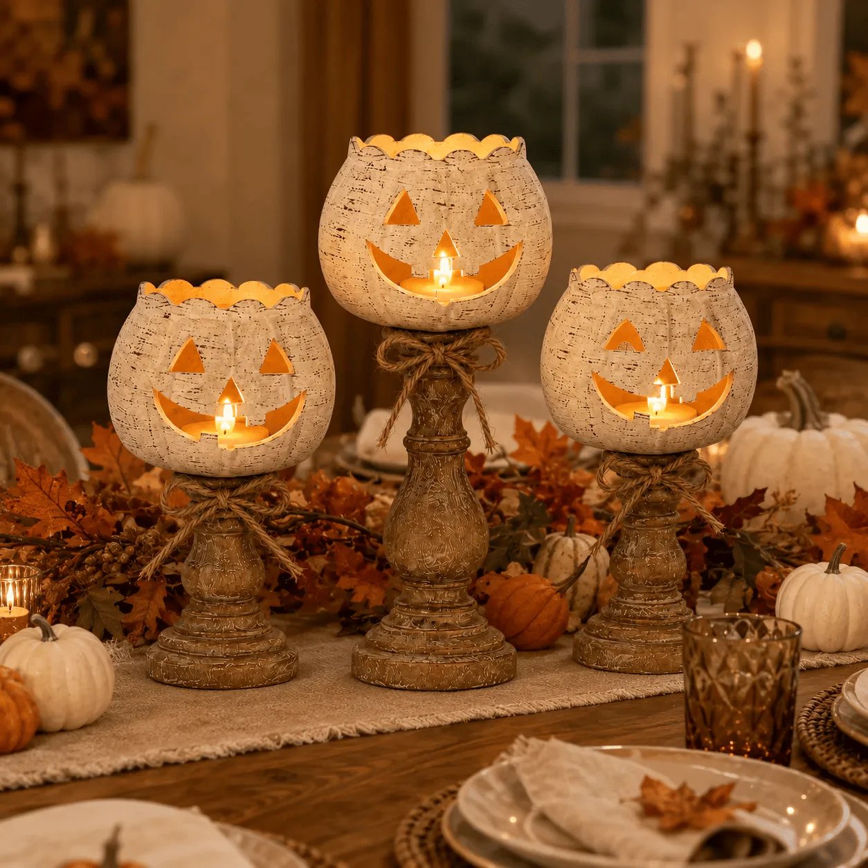 🎃🕯   Set of 3 Rustic White Pumpkin Tealight Candle Holders  | Layered Farmhouse Fall Decor For Halloween & Thanksgiving
