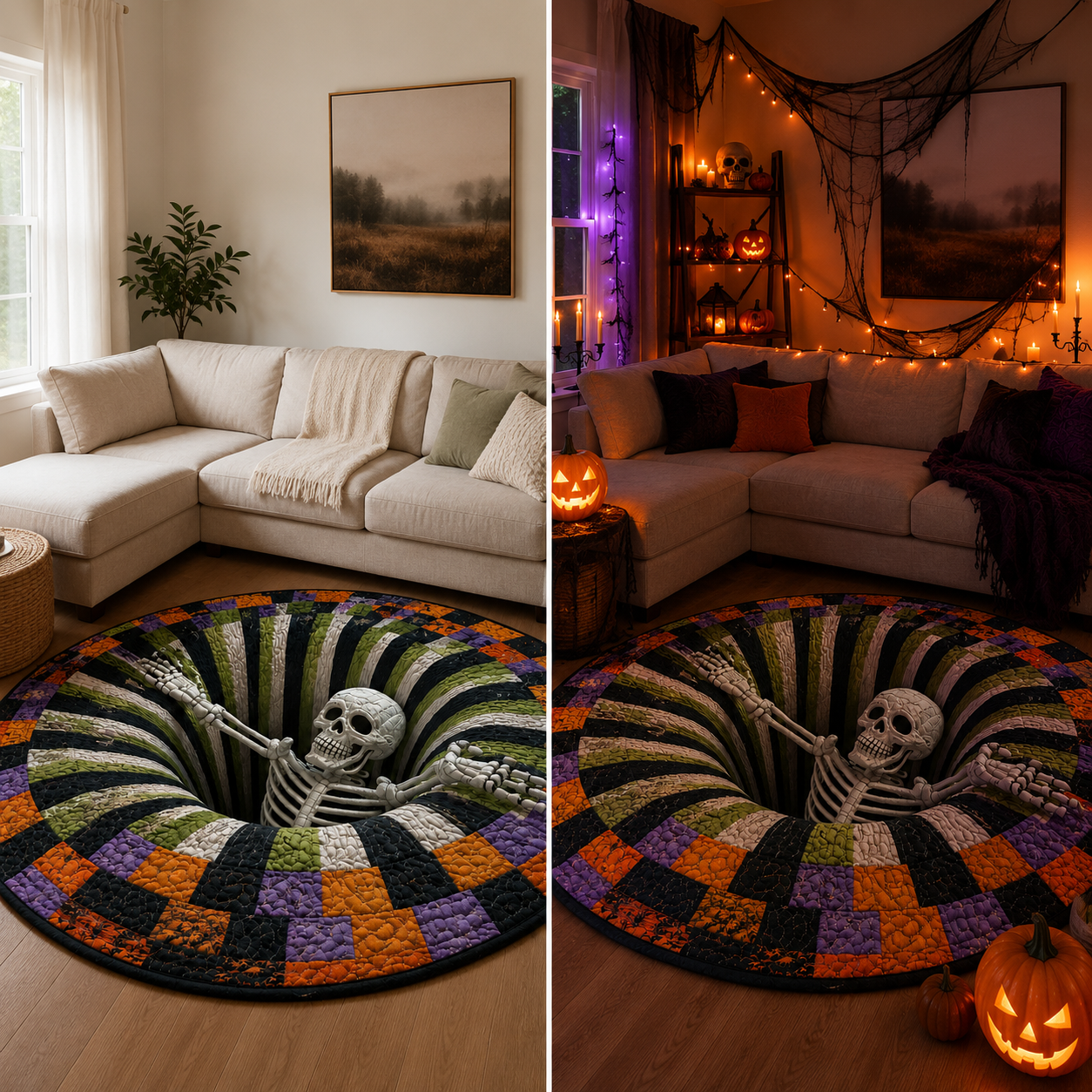 🔥3D Skeleton Vortex Quilted Round Halloween Rug