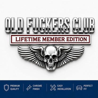💀 OLD F*CKERS CLUB Metal Car Emblem | Chrome Peel-and-Stick Badge for Trucks, SUVs, Toolboxes & Garages 😎