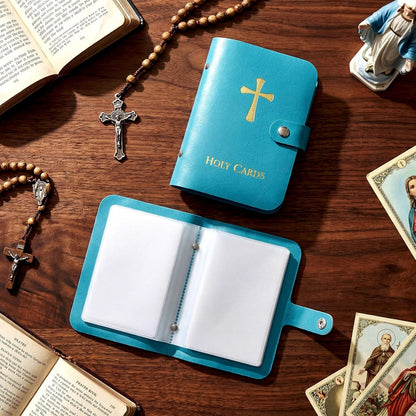 ✝️Holy Card Holder – Genuine Leather Catholic Prayer Card Organizer with 54 Prayer Cards | Snap Closure